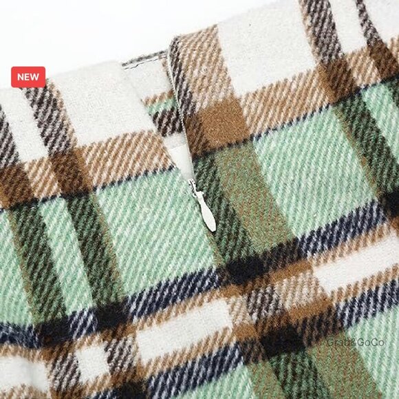 Wool Plaid Pencil Skirt Knee Length High Waist Back Slit Business Casual - Picture 5 of 8